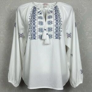 Knox Rose Blouse XXL 2XL White Boho Peasant Cotton Embroidered Long Sleeve Top